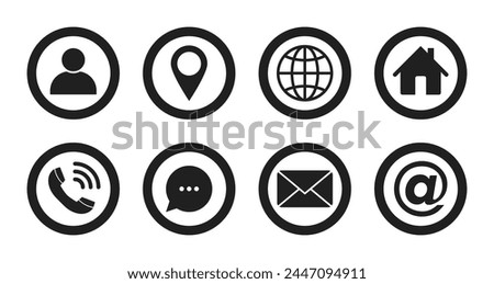 Name, address, location, phone number messenger, postal address, email symbols. Contact us outline icons set.