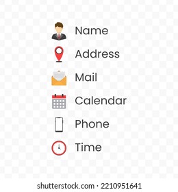 Name, Address, Mail, Calendar, Phone, Time Vector Illustration Of Colored Icons On Transparent Background(png).