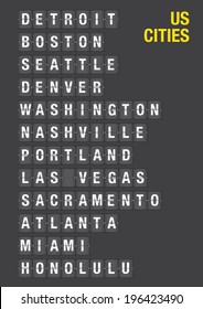 Name of American Cities on airport flip board style. Vector font design. 