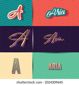 name Aria in various Retro graphic design elements, set of vector Retro Typography graphic design illustration