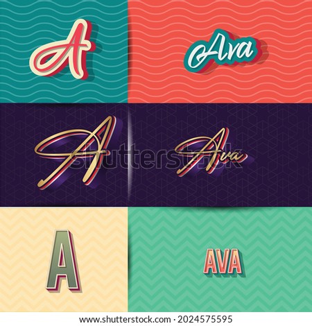 name Ava in various Retro graphic design elements, set of vector Retro Typography graphic design illustration