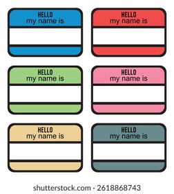 Name badge. "Hello my name is" sticker label set. Tag of hello. Sticker or card with my nametag. 