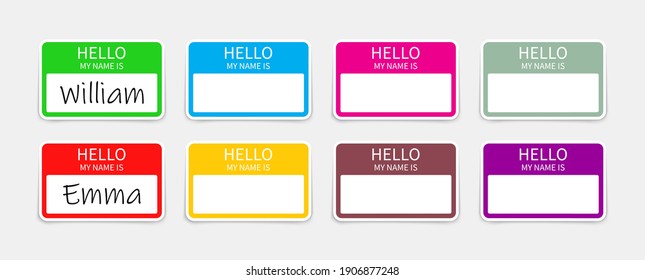 Name badge. Tag of hello. Sticker or card with my nametag. Label with hi. Paper card for identification teacher, speaker on meet and corporate. Template for registration on conference. Vector.