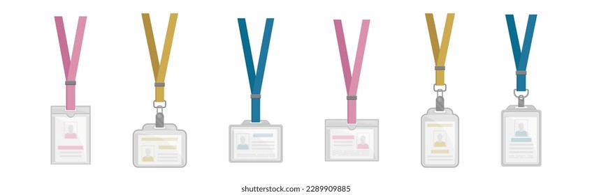 Name Badges or Name Tags Made of Lightweight Plastic with Lanyard for Wearing Around Neck Vector Set