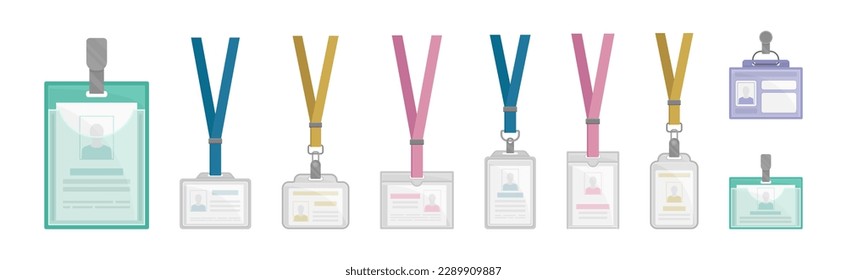 Name Badges or Name Tags Made of Lightweight Plastic with Lanyard for Wearing Around Neck Vector Set