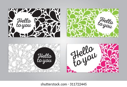 Name cards or banners with sketchy bubbles on background. Hello to you text.