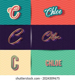 Nombre Chloe en varios elementos de diseño gráfico Retro, conjunto de ilustración de diseño gráfico vectorial Retro Typografía