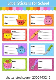 Name and class. Back to school labels. Set stickers for notebook. Bright stickers. Rectangular label. Vector illustration.