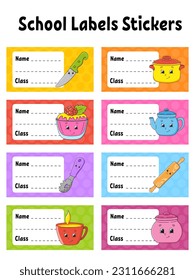 Name and class. Back to school labels. Set stickers for notebook. Bright stickers. Rectangular label. Vector illustration.