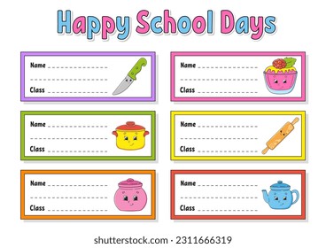 Name and class. Back to school labels. Set stickers for notebook. Bright stickers. Rectangular label. Vector illustration.