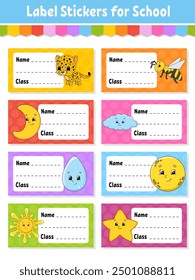 Name and class. Back to school labels. Set stickers for notebook. Bright stickers. Rectangular label. Vector illustration.