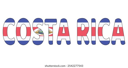 El nombre del país de Costa Rica se muestra en mayúsculas y valiente. Cada letra está llena con el color y el símbolo de la bandera de Costa Rica.