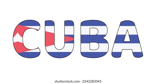 El nombre del país "Cuba" se muestra en mayúsculas y valiente. Cada letra está llena con el color y el símbolo de la bandera cubana.