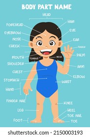 Name of cute cartoon girl human body part for kids in english