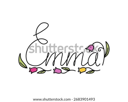 Name Emma,lettering, doodle,one line,flowers patterns. Card with beautiful name Emma in flowers. Female name decorative lettering type design