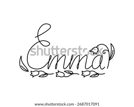 Name Emma,lettering, doodle,one line,flowers patterns. Card with beautiful name Emma in flowers. Female name decorative lettering type design
