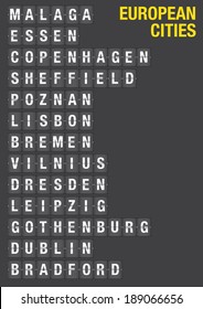 Name of European Cities on airport flip board style. Vector font design. 