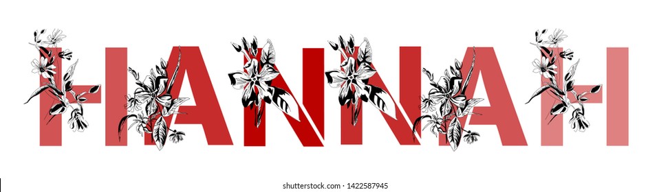 Name Hannah. Font composition named HANNAH. Decorative floral font in red. Typography in the style of art nouveau, modern, vintage.