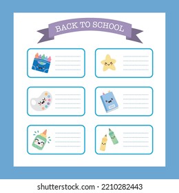 Name Labels. Cute School Supplies. Vector Illustration.