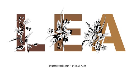 Name Lea. Font composition named LEA. Decorative floral font in brown. Typography in the style of art nouveau, modern, vintage.