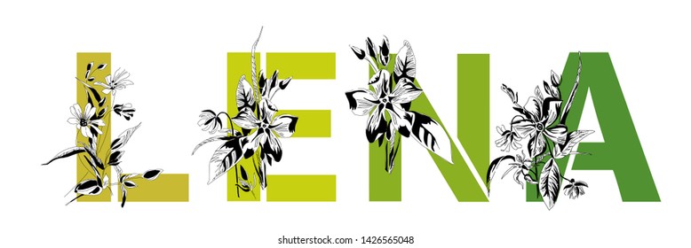 Name Lena. Font composition named Lena. Decorative floral font in lime. Typography in the style of art nouveau, modern, vintage.