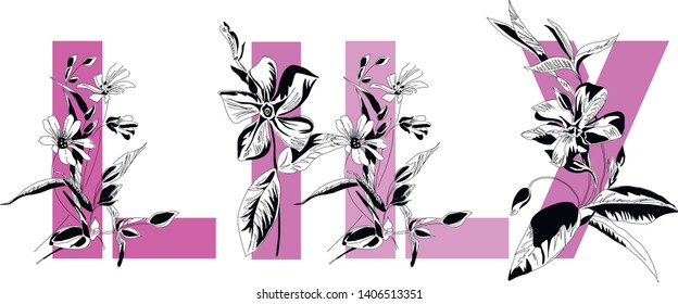 Name Lily. Font composition named LILY. Decorative floral font. Typography in the style of art nouveau, modern, vintage.