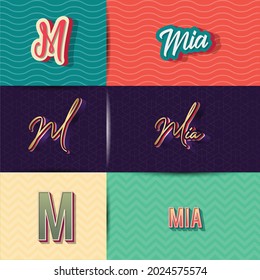 name Mia in various Retro graphic design elements, set of vector Retro Typography graphic design illustration