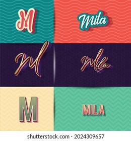 name Mila in various Retro graphic design elements, set of vector Retro Typography graphic design illustration