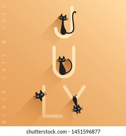 Name of month : July with little black cats isolated on pastel background : Vector Illustration