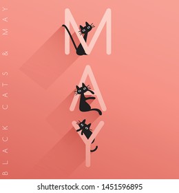 Name of month : May with little black cats isolated on pastel background : Vector Illustration