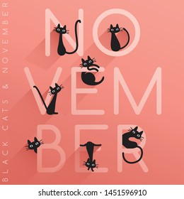 Name of month : November with little black cats isolated on pastel background : Vector Illustration