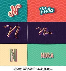 name Nora in various Retro graphic design elements, set of vector Retro Typography graphic design illustration