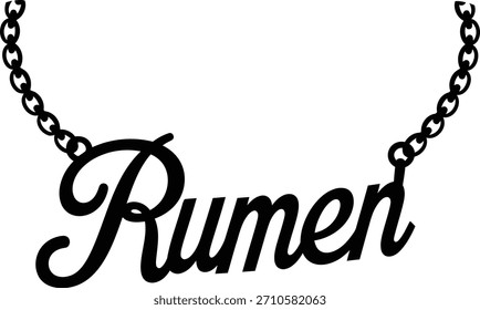 El nombre Rumen se representa en una fuente negra cursiva en un collar de cadena, aislado sobre un fondo blanco.