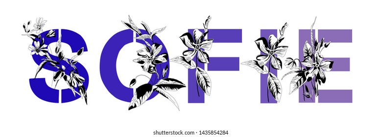 Name Sofie. Font composition named SOFIE. Decorative floral font in blue. Typography in the style of art nouveau, modern, vintage.