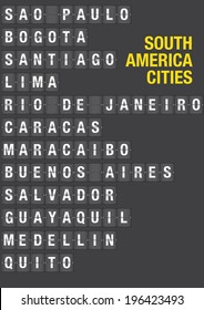 Name of South American Cities on airport flip board style. Vector font design. 