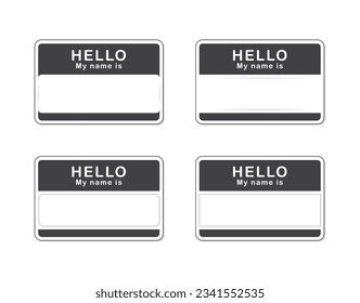 Etiqueta de nombre pegatina en blanco HELLO mi nombre es, diseño plano aislado ilustración vectorial sobre fondo blanco.