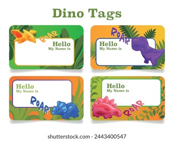 Name tag childish dinosaur card for name surname design template set vector illustration. Kids kindergarten school preschool identification label with funny jelly dino toy and tropical leaves