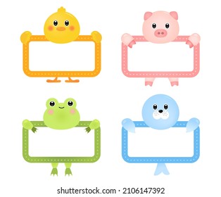 Une collection d'étiquettes de noms avec de jolies illustrations d'animaux. jardin d'enfants, garderie, papier, animal, lapin. Dessin vectoriel. Style dessiné à la main.