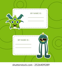 Name Tag with green cute Funny Monster Character with Friendly Face