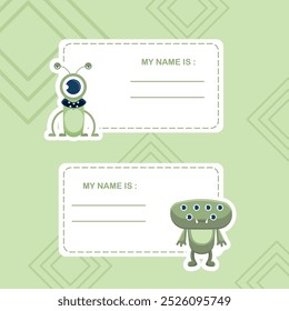 Name Tag with Green Funny Monster Character with Friendly Face