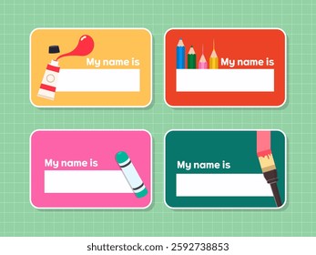 Name tag, tag illustration. Children decorated with art tools, paints, colored pencils, crayons, and student name tag design. Vector illustration.