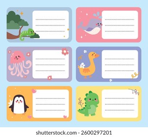 Name tag for kids with animals character and place for text set vector illustration. Empty note for childish kindergarten elementary school stationery stickers with cute abstract creature