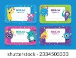 Name tag for kids with funny aliens monster character and place for text set vector illustration. Empty note for childish kindergarten elementary school stationery stickers with cute abstract creature