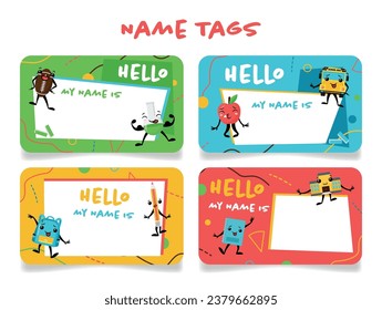 Name tag for kids with funny cartoon character and place for text set vector illustration. Childish elementary notes for reminder with school sport equipment food education modern decorative design