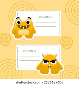 Name Tag with Orange Funny Monster Character with Friendly Face