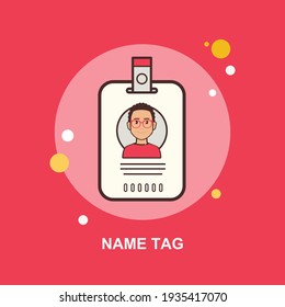 name tag with person wearing spectacles on red background flat concept design