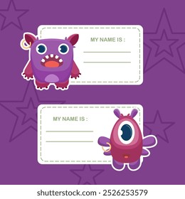 Name Tag with purple Funny Monster Character with Friendly Face