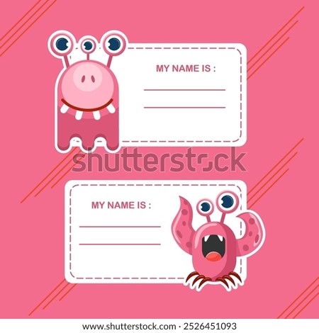 Name Tag with red Funny Monster Character with Friendly Face