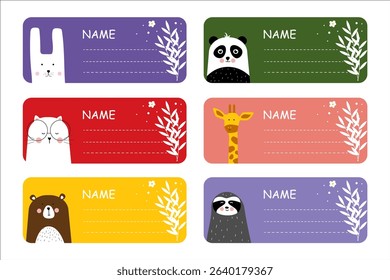 Name tag set. Colored school labels for kids and class names with cute animal. Notebook Labels. children's education.