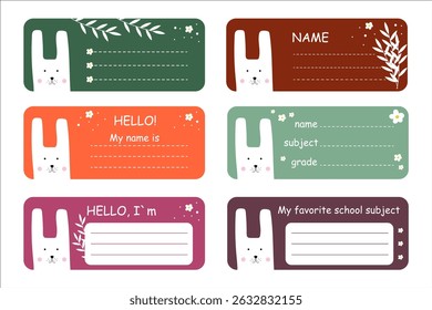 Name tag set, school stickers for kids with with a cute bunny and flowers and place for text. Notebook Labels. Vector illustration